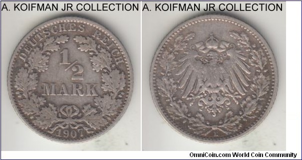 KM-17, 1907 Germany (Empire) 1/2 mark, Muldenhutten mint (E mint mark); silver, reeded edge; Wilhelm II, scarce mint/year, good very fine.