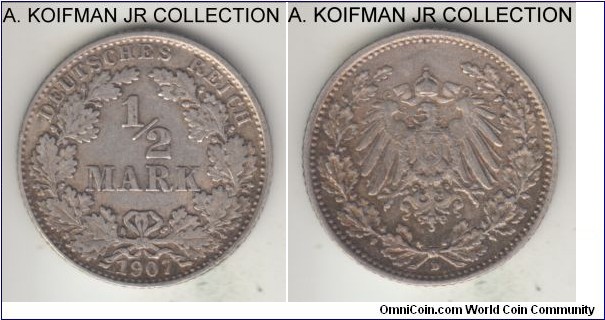 KM-17, 1907 Germany (Empire) 1/2 mark, Munich mint (D mint mark); silver, reeded edge; Wilhelm II, about extra fine, toned.