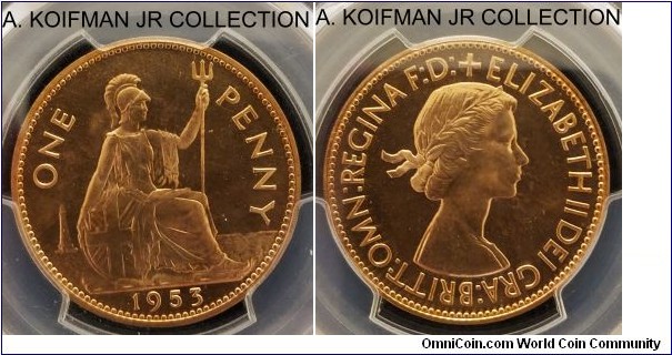 KM-883, 1953 Great Britain penny; proof, bronze, plain edge; Elizabeth II, from one of the 40,000 coronation specimen sets, PCGS graded PR64RD.