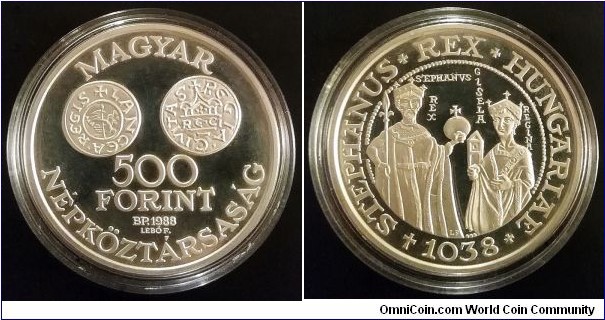 Hungary 500 forint. 1988, King Saint Stephen. Ag 900. Weight; 28g. Diameter; 40mm. Proof. Mintage: 15.000 pcs.