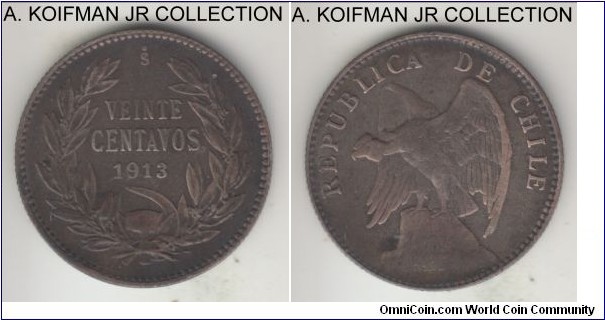 KM-151.3, 1913 Chile 20 centavos, Santiago mint (So mint mark); silver, reeded edge; reduced silver content issue, average very fine or so and darker toned, naturally or artificially.