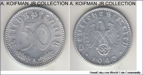 KM-96, Germany (Third Reich) 50 reichspfennig, Berlin mint (A mint mark); aluminum, reeded edge; World War II period, common, but nice almost uncirculated or better.