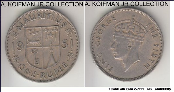 KM-29.1, 1951 Mauritius rupee; copper-nickel, security reeded edge; George VI, 2-year type, average circulated.