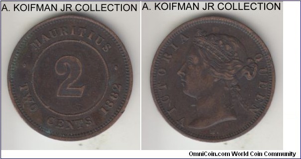 KM-8, 1882 Mauritius 2 cents, Heaton mint (H mintmark); bronze, plain edge; Victoria, dark brown very fine details, few reverse spots.