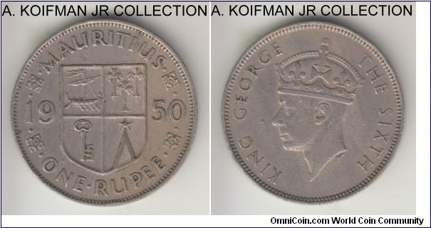 KM-29.1, 1950 Mauritius rupee; copper-nickel, security reeded edge; George VI, 2-year type, average circulated.