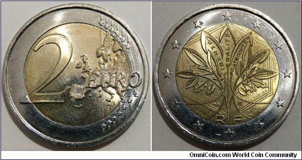 2 Euro (European Union - 5th French Republic // Bimetallic: Nickel brass clad nickel centre - Copper-Nickel ring / 2nd type)