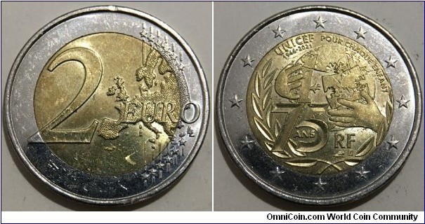 2 Euro (European Union - 5th French Republic / 75 Years of UNICEF // Bimetallic: Nickel brass clad nickel centre - Copper-Nickel ring)