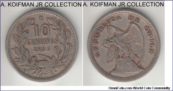 KM-165, 1934 Chile 5 centavos; copper-nickel, plain edge; average very fine details, cleaned.