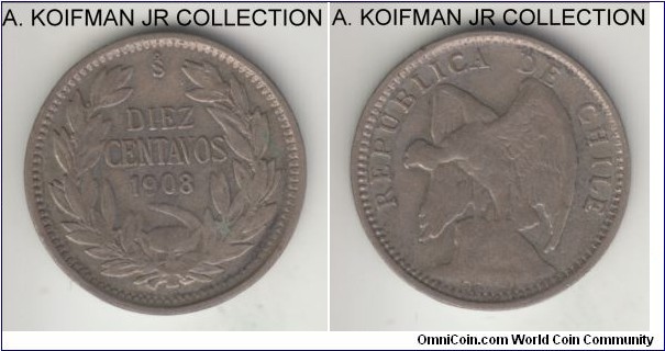 KM-156.2a, 1908 Chile 10 centavos, Santiago mint (So mint mark); silver, reeded edge; overdate, possibly 8 over 9 or inverted 6, good fine to about very fine, dark toned.