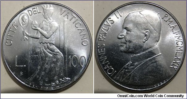 100 Lire (Vatican City State / Pope John Paul II / Peace and Cardinal Virtues // Stainless Steel / Mintage: 170.000 pcs)