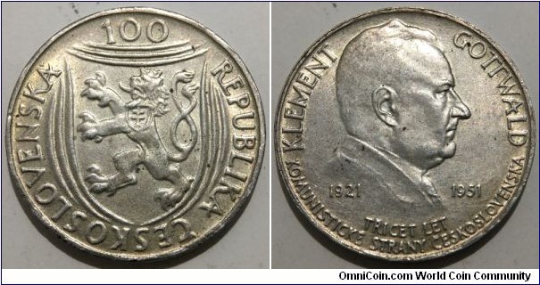 100 Korun (4th Republic of Czechoslovakia / 30th Anniversary - Communist Party // SILVER 0.500 / 14g / ⌀31mm / Mintage: 1.000.000 pcs)