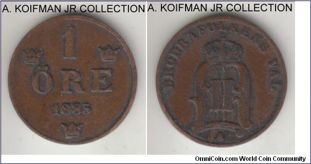 KM-750, 1885 Sweden ore; bronze, plain edge; Oscar II, brown fine to very fine details, lots of grime in the fields.