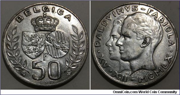 50 Francs (Kingdom of Belgium / King Baudouin I / King Baudouin's marriage to Dona Fabiola de Mora y Aragon // SILVER 0.835 / 12.5g / ⌀30mm / Mintage: 500.000 pcs) 