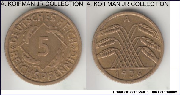 KM-39, 1936 Germany (Weimar) 5 reichspfennig, Berlin mint (A mint mark); aluminum-bronze, reeded edge; last year of the coinage, average very fine or better.