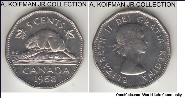 KM-50a, 1958 Canada 5 cents; nickel, 12-sided flan, plain edge; Elizabeth II, uncirculated.