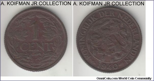 KM-152, 1940 Netherlands cent, Utrecht mint (no mintmark); bronze, reeded edge; Wilhelmina I, good very fine.