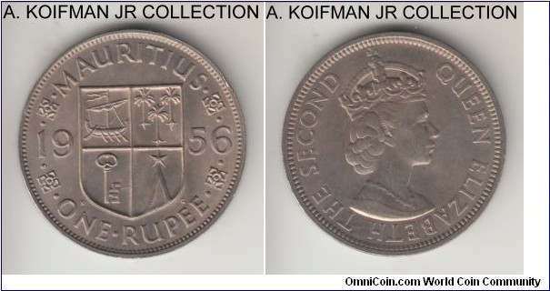 KM-35, 1956 Mauritius rupee; copper-nickel, security reeded edge; Elizabeth II, good uncirculated.