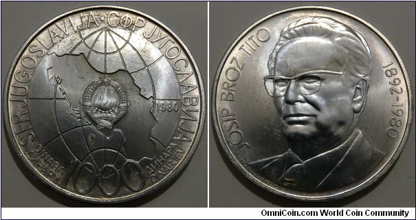 1000 Dinara (Socialist Federal Republic of Yugoslavia / Death of Joseph Tito // SILVER 0.750 / 25.9g / ⌀39mm)