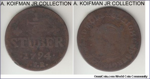 KM-206, 1794 German States Julich-Berg 1/2 stuber; copper, plain edge; PR mint master, Duke Charles Theodor, well worn good or so.