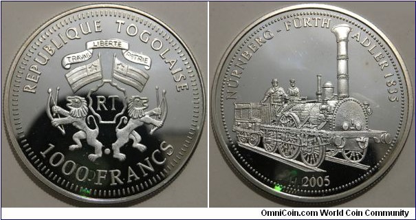 1000 Francs (Togolese Republic / 170th Anniversary German Railroad, Nurnberg - Furth // SILVER 0.999 / 20g / ⌀38mm / PROOF)