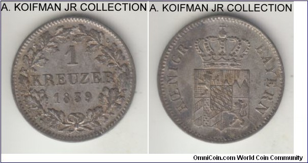 KM-799 (prev. KM-422), 1839 German States Bavaria kreuzer; silver, plain edge; Ludwig I, unciculated or almost, slight toning as common for these low grade silver coins.