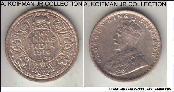 KM-515, 1917 British India 2 annas, Calcutta mint (no miint mark); silver, plain edge; George V, average uncirculated and lightly toned.