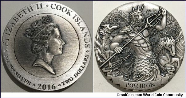 2 Dollars (Cook Islands - Associated state of New Zealand / Queen Elizabeth II / Series: Gods of Olympus - Poseidon // SILVER 0.999 / 62.27g / ⌀40.5mm / Super Rare, Mintage: 1000 pcs / Antiqued)