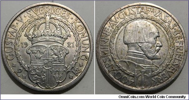 2 Kronor (Kingdom of Sweden / King Gustaf V / 400th Anniversary of Gustaf Vasa's Liberation War // SILVER 0.800 / 15g / ⌀31mm / Mintage: 265.943 pcs) 