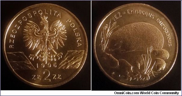 Poland 2 złote. 1996, Hedgehog (Erinaceus europaeus) Nordic gold. Weight; 8,15g. Diameter; 27mm. Mintage: 300.000 pcs.