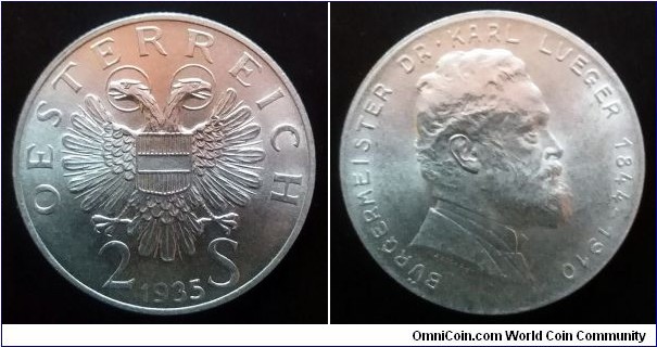 Austria 2 schilling. 1935, Karl Lueger. Ag 640. Weight; 12g. Diameter; 29,4mm. Mintage: 500.000 pcs.