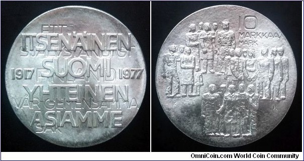 Finland 10 markkaa. 1977, 60th Anniversary of Independence. Ag 500. Weight; 21,5g. Diameter; 35mm. Mintage: 383.000 pcs.