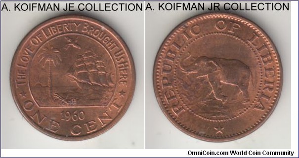 KM-13, 1960 Liberia cent, Philadelphia (US) mint; bronze, plain edge; first and smaller mintage of the type, red brown uncirculated.