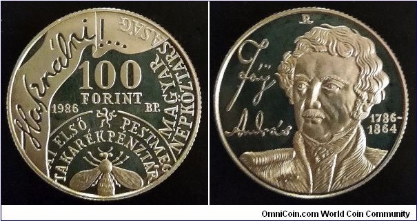 Hungary 100 forint. 1986, Andras Fay. Proof. Mintage: 8.000 pcs.