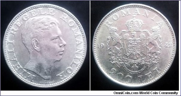 Romania 200 lei. 1942, Mihai I. Ag 835. Weight; 6g. Diameter; 24mm.