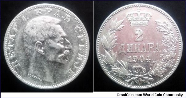 Serbia 2 dinara. 1904, Petar I. Ag 835. Weight; 10g.