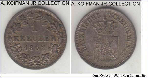 KM-858, 1862 German State Bavaria kreuzer; silver, plain edge; King Maximilian II, toned uncirculated or almost.