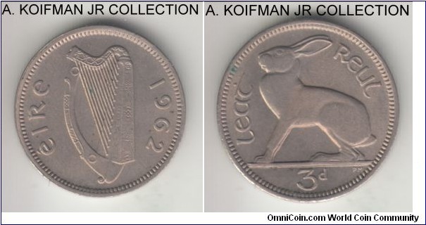 KM-12a, 1962 Ireland 3 pence; copper-nickel, plain edge; last pre-decimal type, average uncirculated.