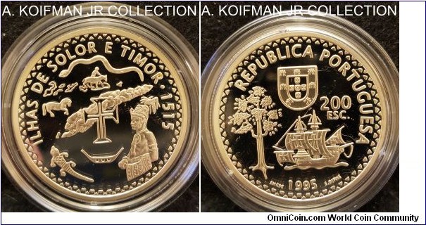 KM-683a, 1995 Portugal 200 escudos; proof, silver, reeded edge; Portuguese Discoveries commemorative series - Solor and Timor, mintage 13,000 (Krause) or 20,000 (Numista), gem deep cameo in original mint set.