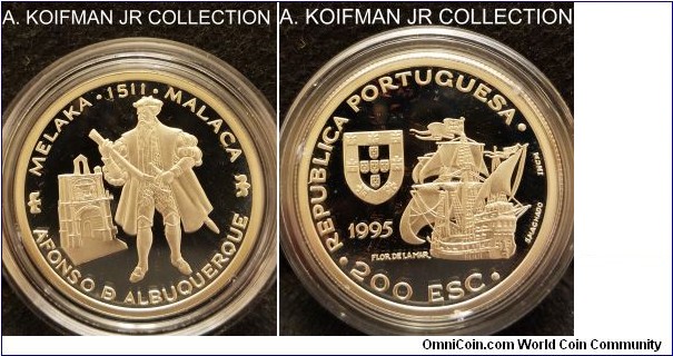 KM-681a, 1995 Portugal 200 escudos; proof, silver, reeded edge; Portuguese Discoveries commemorative series - Afonse de Albuquerque, mintage 13,000 (Krause) or 20,000 (Numista), gem deep cameo in original mint set.