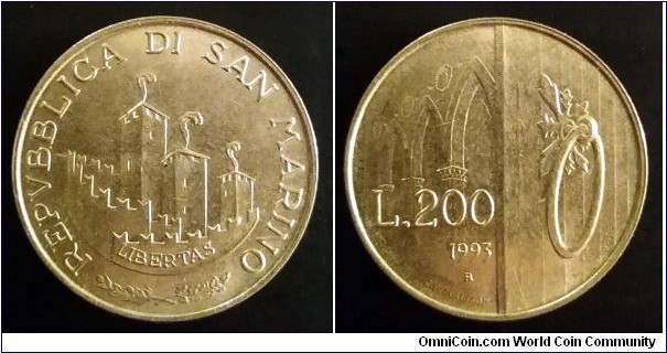 San Marino 200 lire. 1993, The Gates of San Marino. Mintage: 35.000 pcs.