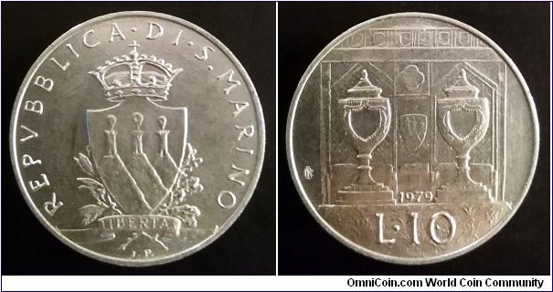 San Marino 10 lire. 1979, Symbols of the State of San Marino - Ballot Box.