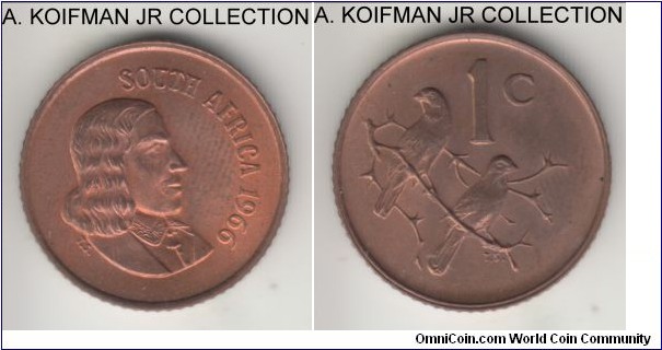 KM-65.1, 1966 South Africa (Republic) cent; bronze, reeded edge; first Republican issue, business strike, English legend SOUTH AFRICA, red brown choice uncirculated.