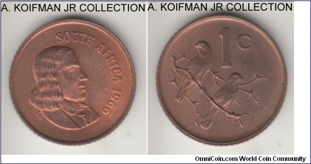 KM-65.1, 1966 South Africa (Republic) cent; bronze, reeded edge; first Republican issue, business strike, English legend SOUTH AFRICA, red brown choice uncirculated.