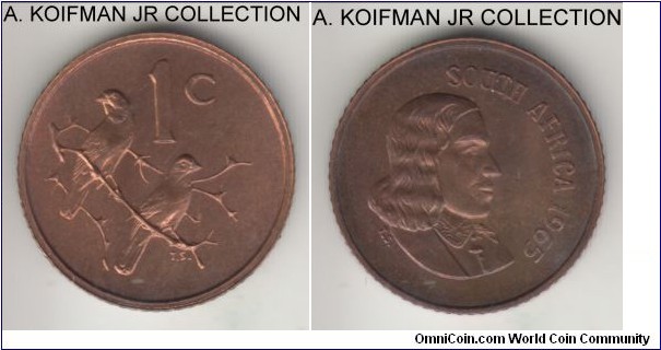 KM-65.1, 1965 South Africa (Republic) cent; proof, bronze, reeded edge; first Republican issue, English legend, 25,0000 minted in proof sets, red brown uncirculated.
