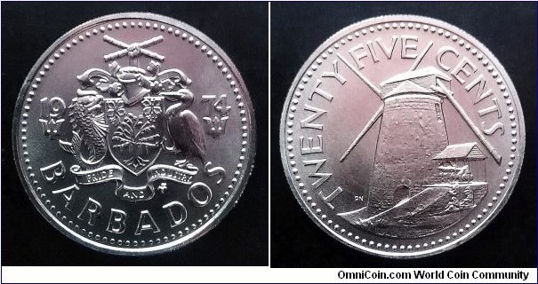 Barbados 25 cents. 1974, Franklin Mint. Matte variety. Mintage: 5.508 pcs.