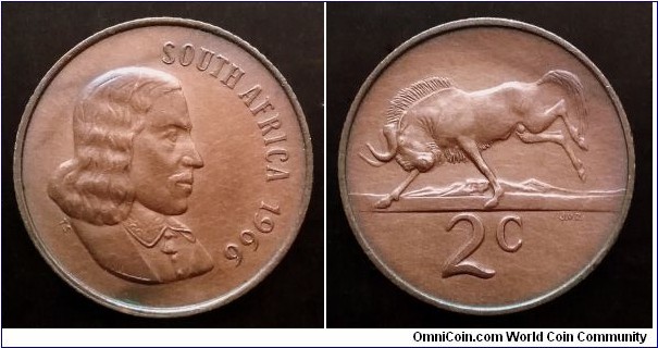 South Africa 2 cents. 1966, English legend.