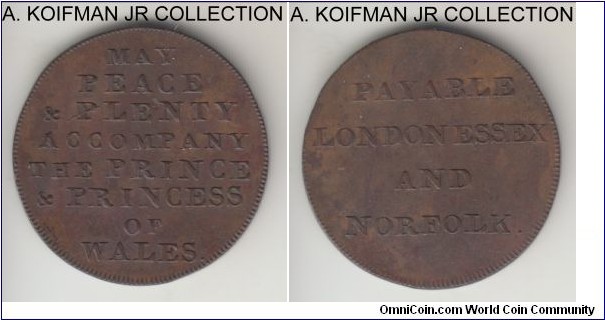 D&H-923, ND(1790's) Great Britain half penny token; copper, plain edge; Middlesex London, obv: MAY PEACE & PLENTY ACCOMPANY THE PRINCE & PRINCESS OF WALES., rev: PAYABLE LONDON ESSEX AND NORFOLK., brown good extra fine.