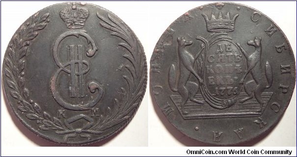 AE 10 Kopeck 1776 KM, Siberian regional coinage. New type for 1776 with a berry at the end of the laurels. 