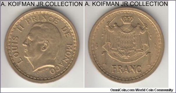 KM-120a, ND(1943) Monaco franc; aluminum-bronze, plain edge; Louis II, struck in 1943, released for circulation in 1945, 1-year type, average uncirculated.