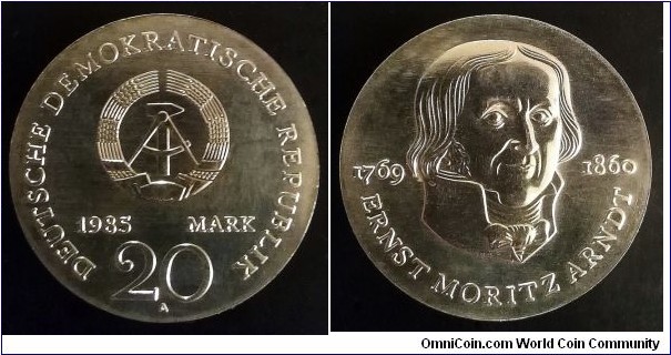 German Democratic Republic (East Germany) 20 mark. 1985, Ernst Moritz Arndt. Ag 500. Weight; 20,9g. Diameter; 33mm.